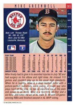 1993 Score #385 Mike Greenwell Back