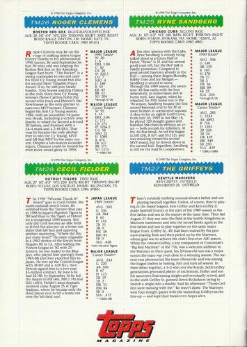 1990 Topps Magazine - Uncut Sheets #TM25-TM28 Ryne Sandberg / Roger Clemens / Ken Griffey Jr. / Ken Griffey / Cecil Fielder Back