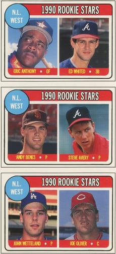 1990 Baseball Cards Magazine '69 Topps Repli-Cards - Panels #13-15 NL West Rookies (Eric Anthony / Ed Whited) / NL West Rookies (Andy Benes / Steve Avery) / NL West Rookies (John Wetteland / Joe Oliver) Front