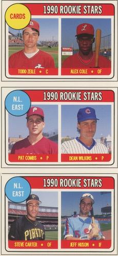1990 Baseball Cards Magazine '69 Topps Repli-Cards - Panels #31-33 Cardinals Rookies (Todd Zeile / Alex Cole) / NL East Rookies (Pat Combs / Dean Wilkins) / NL East Rookies (Steve Carter / Jeff Huson) Front