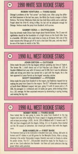 1990 Baseball Cards Magazine '69 Topps Repli-Cards - Panels #49-51 White Sox Rookies (Robin Ventura / Sammy Sosa) / AL West Rookies (John Orton / Scott Radinsky) / AL West Rookies (Bobby Rose / Bob Hamelin) Back