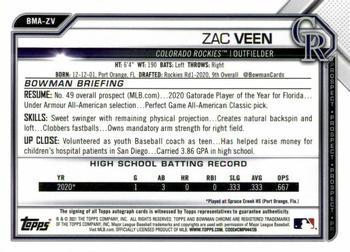2021 Bowman - Chrome Prospect Autographs Mojo Refractor #BMA-ZV Zac Veen Back
