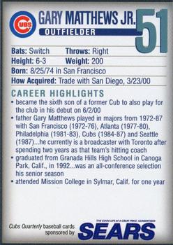 2000 Chicago Cubs Quarterly Magazine #NNO Gary Matthews Jr. Back