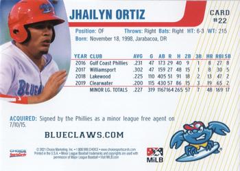 2021 Choice Jersey Shore BlueClaws #22 Jhailyn Ortiz Back