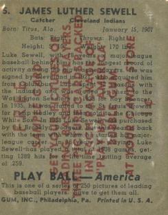 1939 Play Ball - Samples #5 Luke Sewell Back