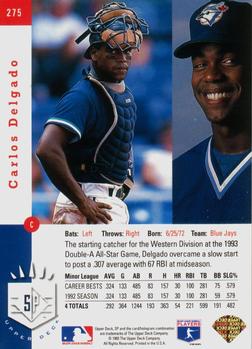 1993 SP #275 Carlos Delgado Back