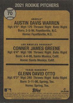 2022 Topps Heritage #70 2021 Rookie Pitchers (Austin Warren / Conner Greene / Glenn Otto) Back