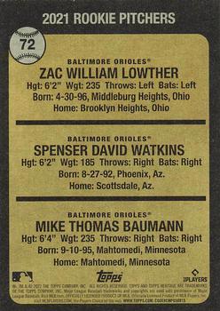 2022 Topps Heritage #72 2021 Rookie Pitchers (Zac Lowther / Spenser Watkins / Mike Baumann) Back