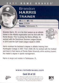 2011 MultiAd Rome Braves #32 Brandon Harris Back