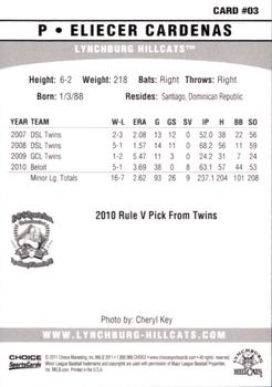 2011 Choice Lynchburg Hillcats #03 Eliecer Cardenas Back