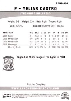 2011 Choice Lynchburg Hillcats #04 Yeliar Castro Back