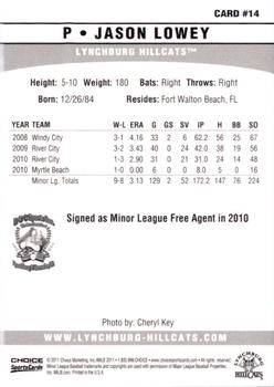 2011 Choice Lynchburg Hillcats #14 Jason Lowey Back