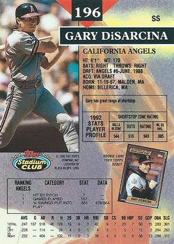 1993 Stadium Club #196 Gary DiSarcina Back
