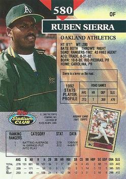 1993 Stadium Club #580 Ruben Sierra Back