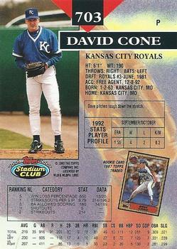 1993 Stadium Club #703 David Cone Back