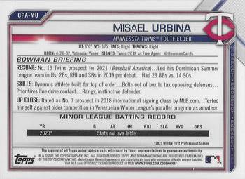 2021 Bowman Chrome - Prospect Autographs Purple Refractor #CPA-MU Misael Urbina Back