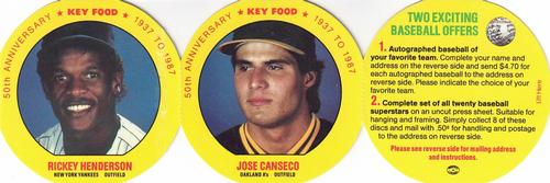 1987 Key Food Discs - Panels #17-18 Jose Canseco / Rickey Henderson Front