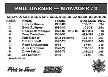 1994 Milwaukee Brewers Police - Watertown Lions Club, Watertown Police Department #NNO Phil Garner Back