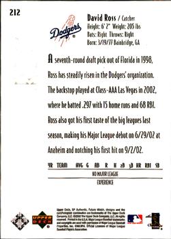 2002 Upper Deck Rookie Update - 2002 SP Authentic Update #212 David Ross Back