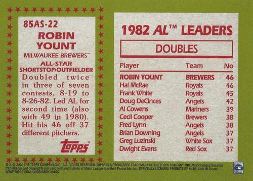 2020 Topps 1985 Topps Baseball 35th Anniversary All-Stars 5x7 #85AS-22 Robin Yount Back