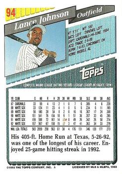 1993 Topps #94 Lance Johnson Back