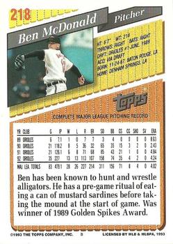 1993 Topps #218 Ben McDonald Back