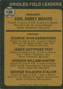 2022 Topps Heritage - 50th Anniversary Buybacks #136 Orioles Field Leaders (Earl Weaver / George Bamberger / Jim Frey / Billy Hunter / George Staller) Back