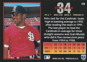 1993 Triple Play #114 Felix Jose Back