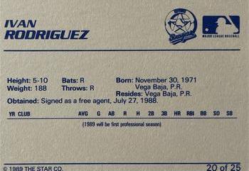 1989 Star Gastonia Rangers - Platinum #20 Ivan Rodriguez Back
