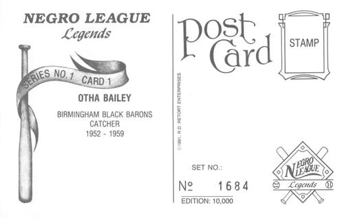 1991 R.D. Retort Enterprises Negro League Legends, Series 1 #1 Otha Bailey Back