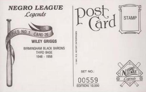 1991 R.D. Retort Enterprises Negro League Legends, Series 1 #26 Wiley Griggs Back