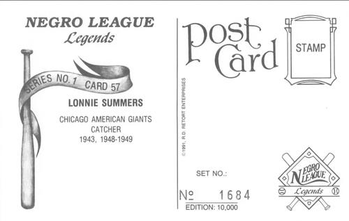 1991 R.D. Retort Enterprises Negro League Legends, Series 1 #57 Lonnie Summers Back
