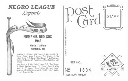 1991 R.D. Retort Enterprises Negro League Legends, Series 1 #89 Memphis Red Sox 1940 Back
