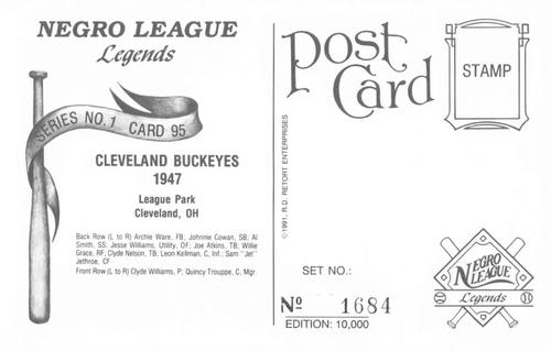 1991 R.D. Retort Enterprises Negro League Legends, Series 1 #95 Cleveland Buckeyes 1947 Back