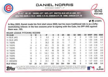 2022 Topps Update #US143 Daniel Norris Back