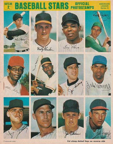 1969 MLB PhotoStamps - Uncut Sheets #AL6 Rick Monday / Tony Oliva / Wally Bunker / Ken Berry / Zoilo Versalles / Jim Lonborg / Paul Blair / Chico Salmon / Bobby Knoop / Joe Coleman Jr. / Mel Stottlemyre / Denny McLain Front