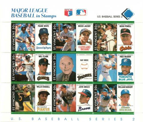 1989 St. Vincent Baseball Players Stamps - Sheets #NNO Frank White / Brook Jacoby / Boog Powell / Will Clark / Ray Kroc / Fred McGriff / Willie Stargell / John Smoltz / William Surhoff Front