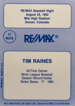 1992 Big League Cards RE/MAX Baseball Night #17 B276 Tim Raines Back