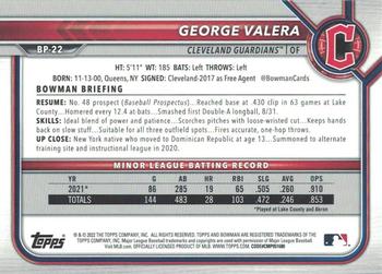 2022 Bowman - Prospects Fuchsia #BP-22 George Valera Back