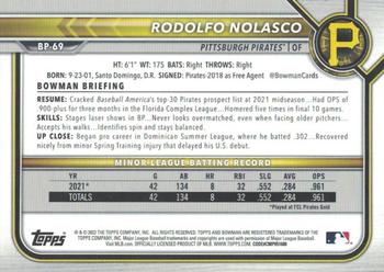 2022 Bowman - Prospects Purple #BP-69 Rodolfo Nolasco Back