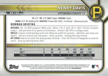 2022 Bowman - Prospects Yellow #BP-148 Henry Davis Back