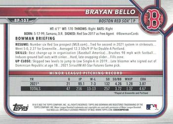 2022 Bowman - Prospects Platinum #BP-107 Brayan Bello Back