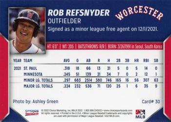 2022 Choice Worcester Red Sox #30 Rob Refsnyder Back
