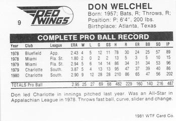 1981 WTF Rochester Red Wings #9 Don Welchel Back