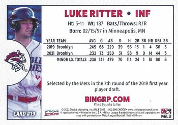 2022 Choice Binghamton Rumble Ponies #19 Luke Ritter Back