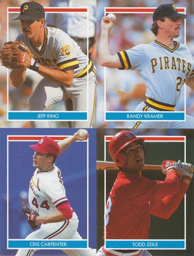 1990 Publications International Hottest 50 Rookies Stickers - Panels #NNO Jeff King / Randy Kramer / Cris Carpenter / Todd Zeile Front