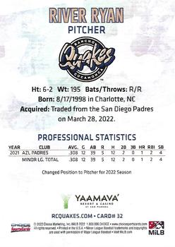 2022 Choice Rancho Cucamonga Quakes #32 River Ryan Back