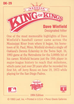 1994 Donruss - Diamond Kings #DK-29 Dave Winfield Back