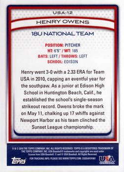 2010 Topps USA Baseball #USA-12 Henry Owens  Back