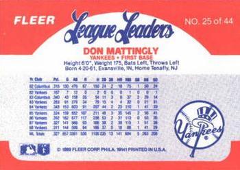 1989 Fleer League Leaders #25 Don Mattingly Back
